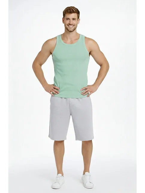 Erkek Spor Slimfit Fitilli Kaşkorse Arka Basklı Atlet 2'li Set Siyah-mint Yeşili