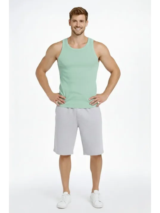 Erkek Spor Slimfit Fitilli Kaşkorse Arka Basklı Atlet 2'li Set Siyah-mint Yeşili