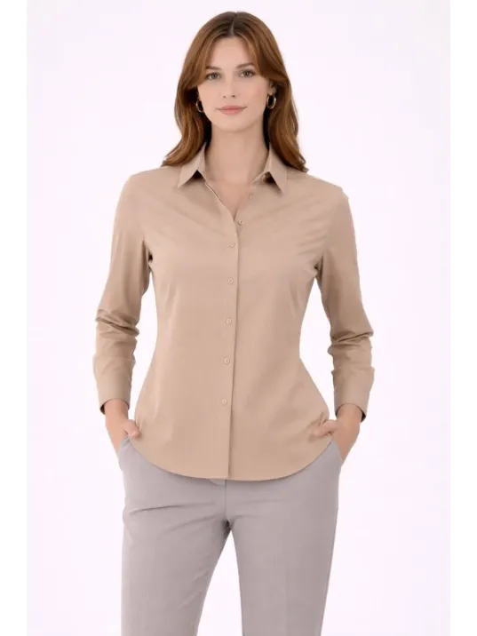 Kadın Uzun Kollu Gömlek Düğmeli Klasik Yaka Günlük Ve Ofis Şıklığına Uygun - Bej