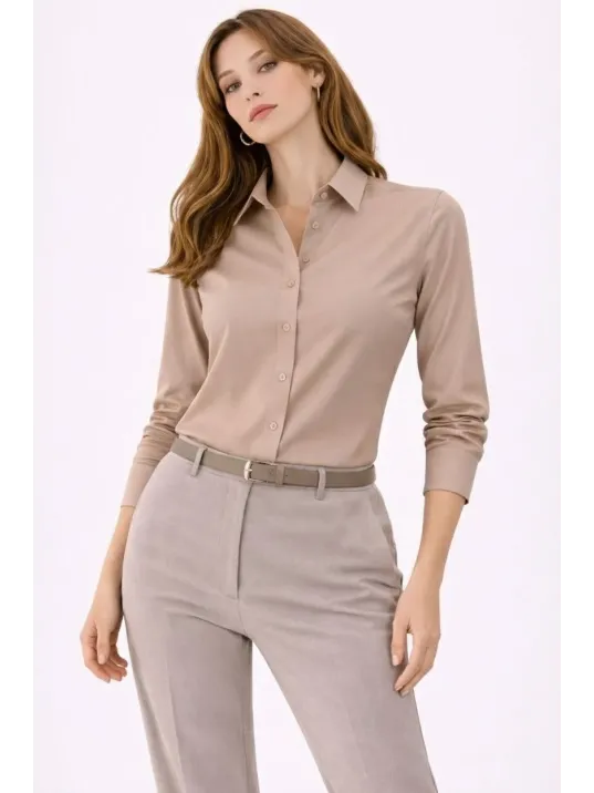 Kadın Uzun Kollu Gömlek Düğmeli Klasik Yaka Günlük Ve Ofis Şıklığına Uygun - Bej