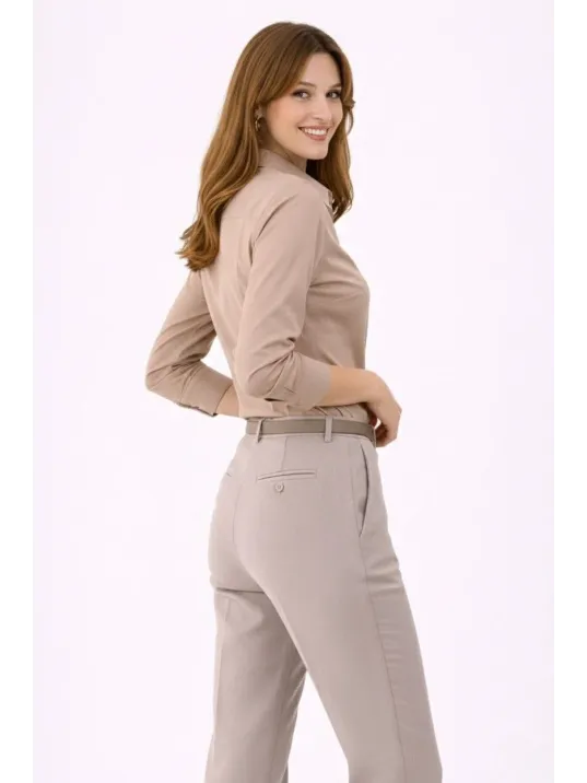 Kadın Uzun Kollu Gömlek Düğmeli Klasik Yaka Günlük Ve Ofis Şıklığına Uygun - Bej