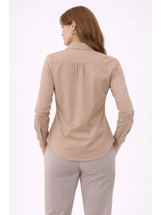 Kadın Uzun Kollu Gömlek Düğmeli Klasik Yaka Günlük Ve Ofis Şıklığına Uygun - Bej