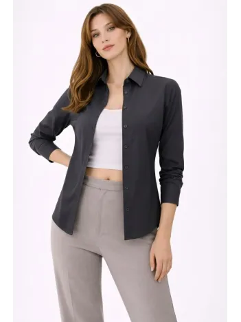 Kadın Uzun Kollu Gömlek Düğmeli Klasik Yaka Günlük Ve Ofis Şıklığına Uygun - Füme