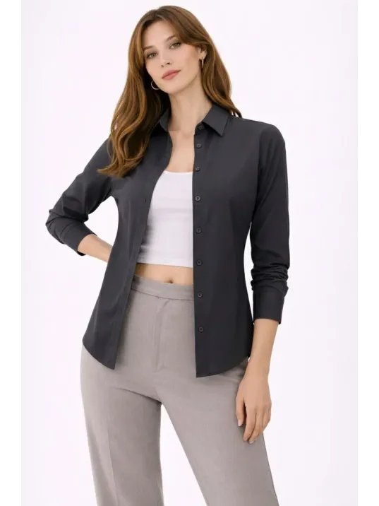 Kadın Uzun Kollu Gömlek Düğmeli Klasik Yaka Günlük Ve Ofis Şıklığına Uygun - Füme