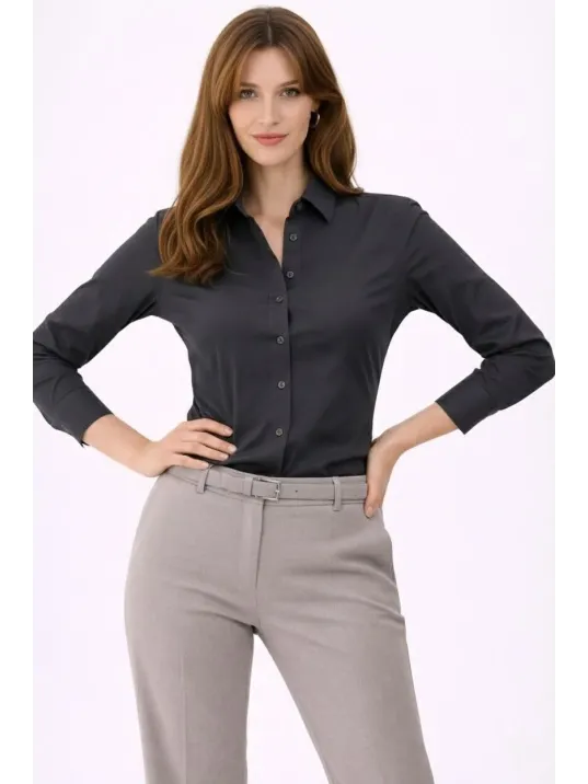 Kadın Uzun Kollu Gömlek Düğmeli Klasik Yaka Günlük Ve Ofis Şıklığına Uygun - Füme