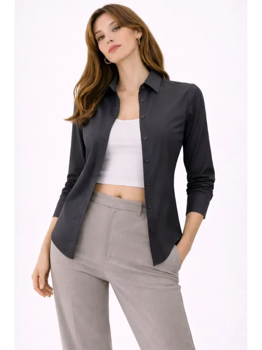 Kadın Uzun Kollu Gömlek Düğmeli Klasik Yaka Günlük Ve Ofis Şıklığına Uygun - Füme