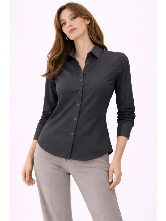 Kadın Uzun Kollu Gömlek Düğmeli Klasik Yaka Günlük Ve Ofis Şıklığına Uygun - Füme