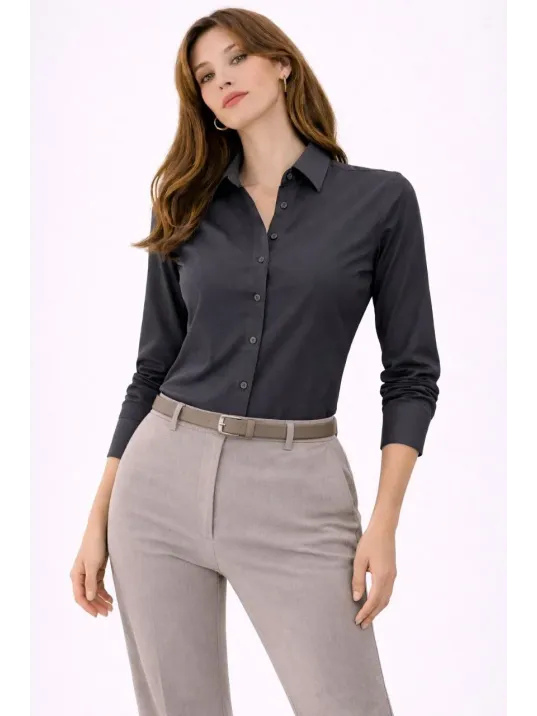 Kadın Uzun Kollu Gömlek Düğmeli Klasik Yaka Günlük Ve Ofis Şıklığına Uygun - Füme
