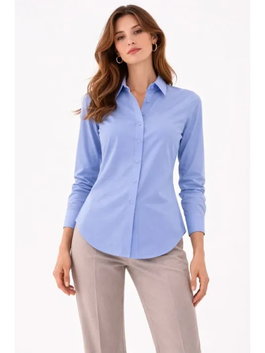 Kadın Uzun Kollu Gömlek Düğmeli Klasik Yaka Günlük Ve Ofis Şıklığına Uygun - Mavi