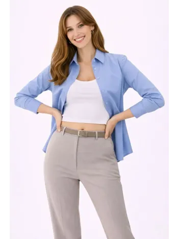 Kadın Uzun Kollu Gömlek Düğmeli Klasik Yaka Günlük Ve Ofis Şıklığına Uygun - Mavi