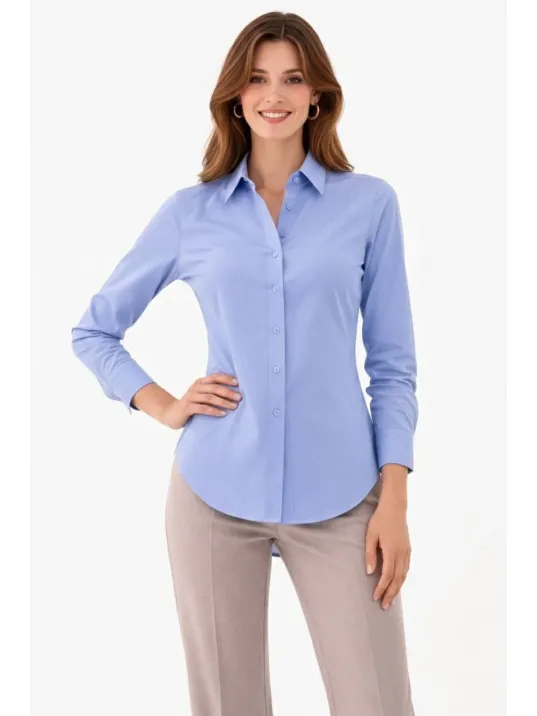 Kadın Uzun Kollu Gömlek Düğmeli Klasik Yaka Günlük Ve Ofis Şıklığına Uygun - Mavi