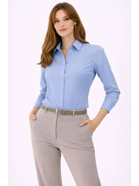 Kadın Uzun Kollu Gömlek Düğmeli Klasik Yaka Günlük Ve Ofis Şıklığına Uygun - Mavi