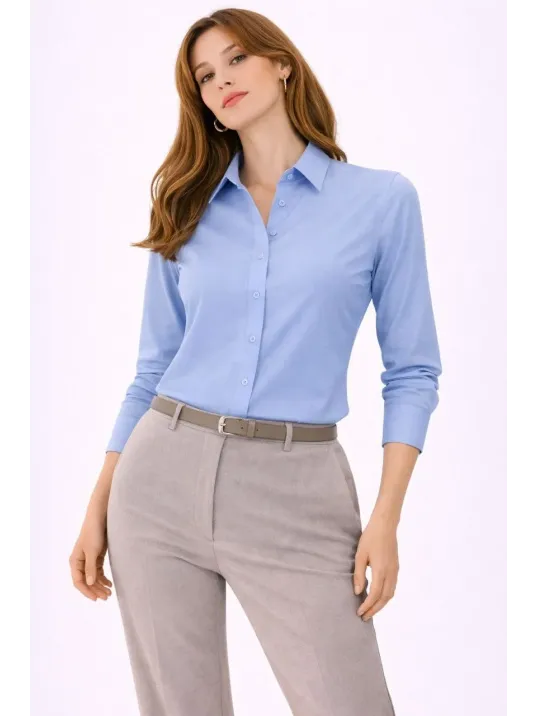 Kadın Uzun Kollu Gömlek Düğmeli Klasik Yaka Günlük Ve Ofis Şıklığına Uygun - Mavi