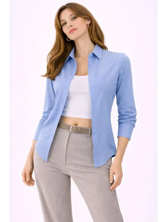 Kadın Uzun Kollu Gömlek Düğmeli Klasik Yaka Günlük Ve Ofis Şıklığına Uygun - Mavi