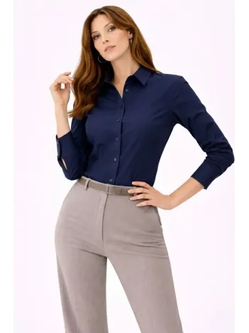 Kadın Uzun Kollu Gömlek Düğmeli Klasik Yaka Günlük Ve Ofis Şıklığına Uygun - Lacivert