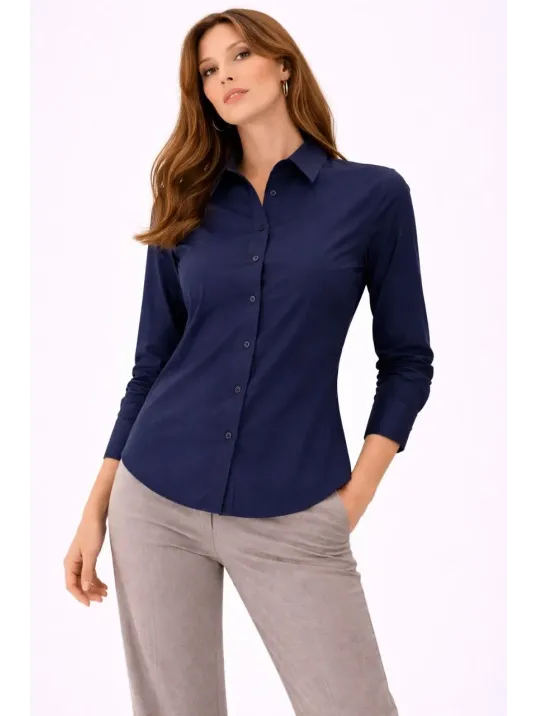 Kadın Uzun Kollu Gömlek Düğmeli Klasik Yaka Günlük Ve Ofis Şıklığına Uygun - Lacivert