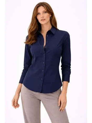 Kadın Uzun Kollu Gömlek Düğmeli Klasik Yaka Günlük Ve Ofis Şıklığına Uygun - Lacivert
