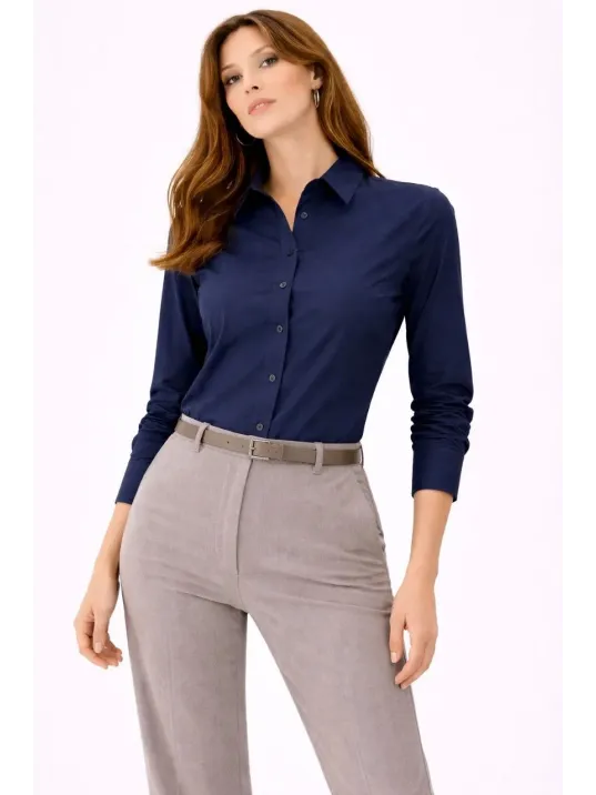 Kadın Uzun Kollu Gömlek Düğmeli Klasik Yaka Günlük Ve Ofis Şıklığına Uygun - Lacivert