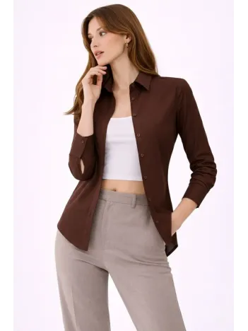 Kadın Uzun Kollu Gömlek Düğmeli Klasik Yaka Günlük Ve Ofis Şıklığına Uygun - Kahverengi