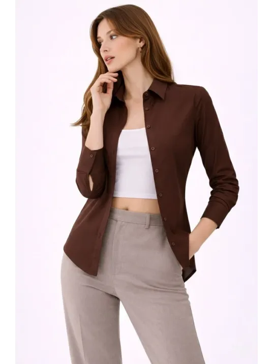 Kadın Uzun Kollu Gömlek Düğmeli Klasik Yaka Günlük Ve Ofis Şıklığına Uygun - Kahverengi
