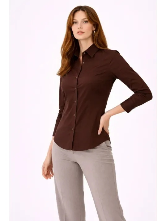Kadın Uzun Kollu Gömlek Düğmeli Klasik Yaka Günlük Ve Ofis Şıklığına Uygun - Kahverengi