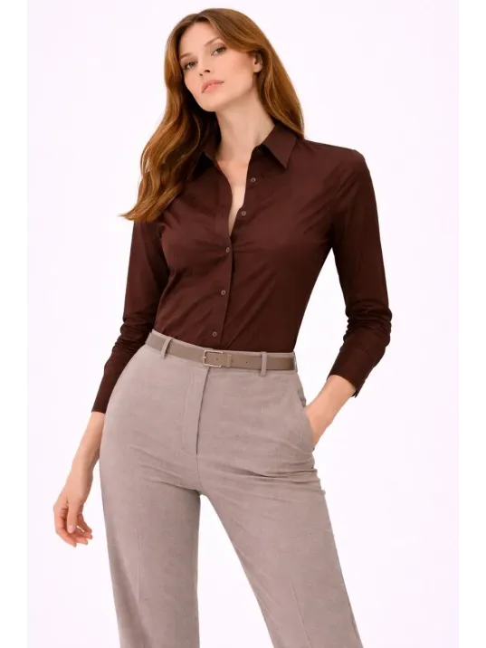 Kadın Uzun Kollu Gömlek Düğmeli Klasik Yaka Günlük Ve Ofis Şıklığına Uygun - Kahverengi