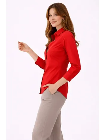 Kadın Uzun Kollu Gömlek Düğmeli Klasik Yaka Günlük Ve Ofis Şıklığına Uygun - Kırmızı