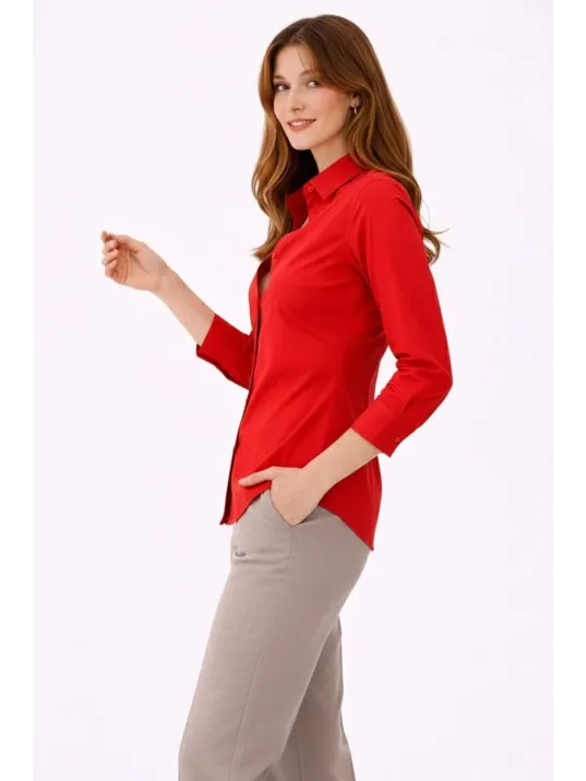 Kadın Uzun Kollu Gömlek Düğmeli Klasik Yaka Günlük Ve Ofis Şıklığına Uygun - Kırmızı