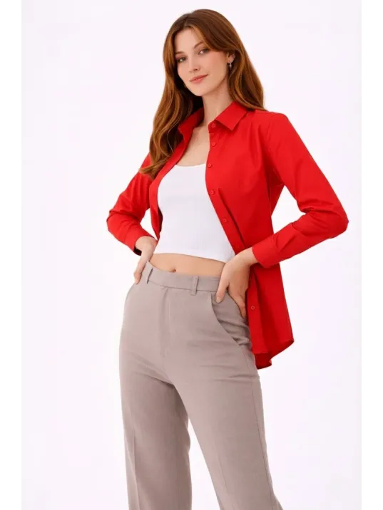 Kadın Uzun Kollu Gömlek Düğmeli Klasik Yaka Günlük Ve Ofis Şıklığına Uygun - Kırmızı