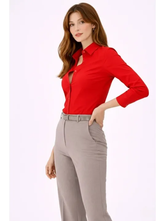Kadın Uzun Kollu Gömlek Düğmeli Klasik Yaka Günlük Ve Ofis Şıklığına Uygun - Kırmızı