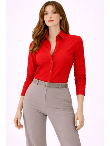 Kadın Uzun Kollu Gömlek Düğmeli Klasik Yaka Günlük Ve Ofis Şıklığına Uygun - Kırmızı