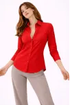 Kadın Uzun Kollu Gömlek Düğmeli Klasik Yaka Günlük Ve Ofis Şıklığına Uygun - Kırmızı