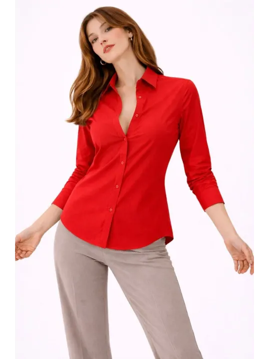 Kadın Uzun Kollu Gömlek Düğmeli Klasik Yaka Günlük Ve Ofis Şıklığına Uygun - Kırmızı