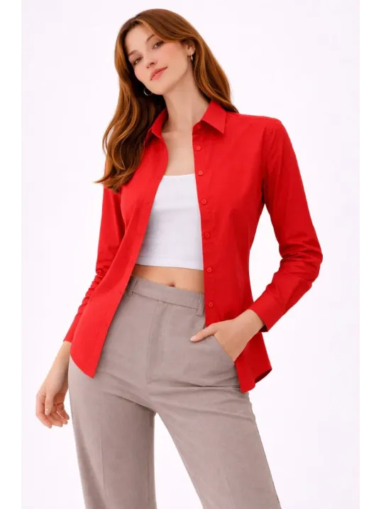 Kadın Uzun Kollu Gömlek Düğmeli Klasik Yaka Günlük Ve Ofis Şıklığına Uygun - Kırmızı