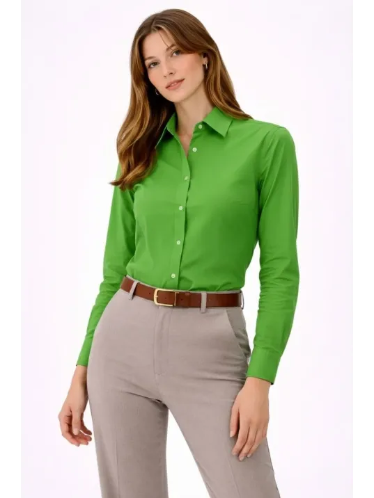 Kadın Uzun Kollu Gömlek Düğmeli Klasik Yaka Günlük Ve Ofis Şıklığına Uygun - Yeşil