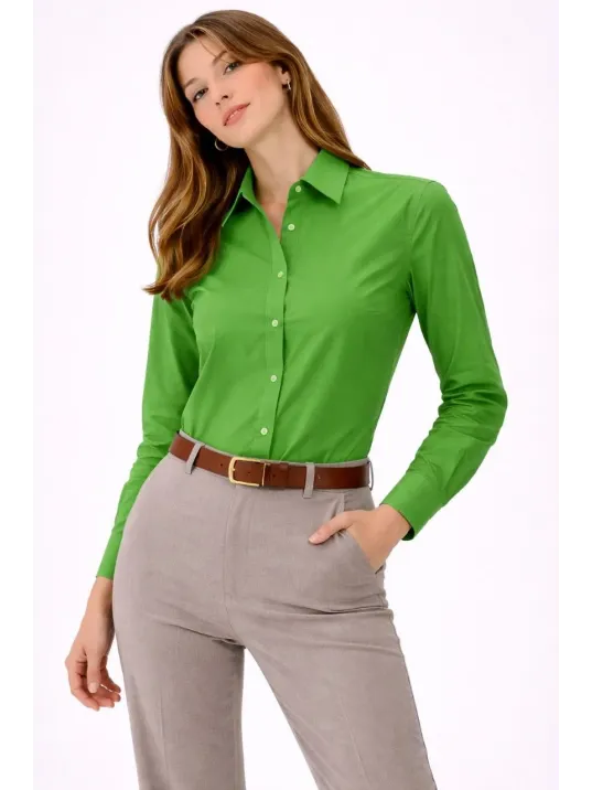 Kadın Uzun Kollu Gömlek Düğmeli Klasik Yaka Günlük Ve Ofis Şıklığına Uygun - Yeşil