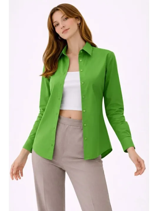 Kadın Uzun Kollu Gömlek Düğmeli Klasik Yaka Günlük Ve Ofis Şıklığına Uygun - Yeşil