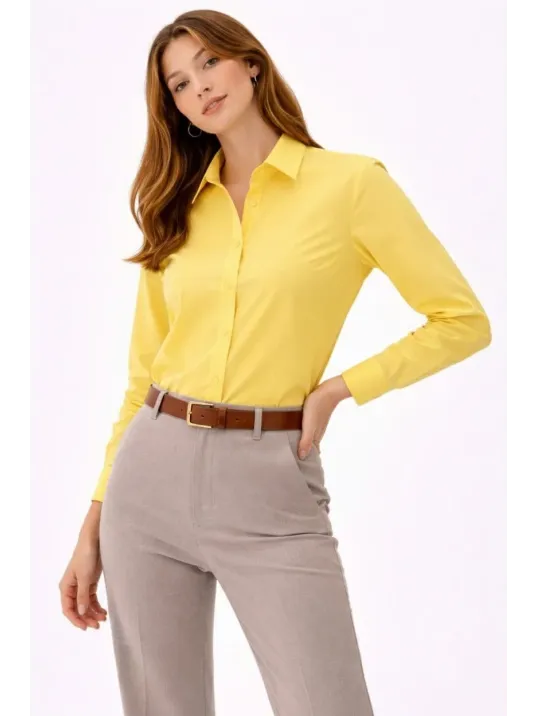 Kadın Uzun Kollu Gömlek Düğmeli Klasik Yaka Günlük Ve Ofis Şıklığına Uygun - Sarı