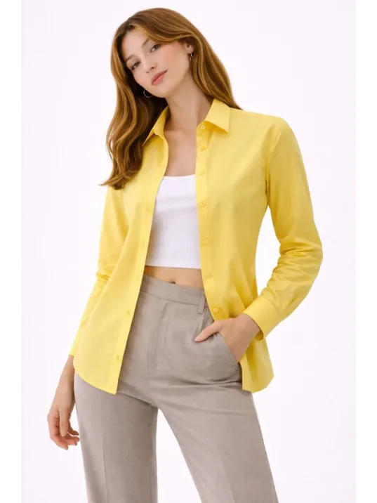 Kadın Uzun Kollu Gömlek Düğmeli Klasik Yaka Günlük Ve Ofis Şıklığına Uygun - Sarı