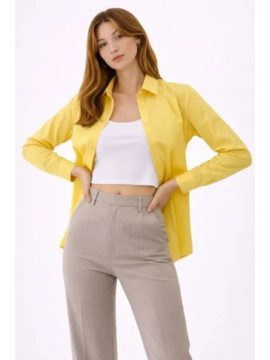 Kadın Uzun Kollu Gömlek Düğmeli Klasik Yaka Günlük Ve Ofis Şıklığına Uygun - Sarı