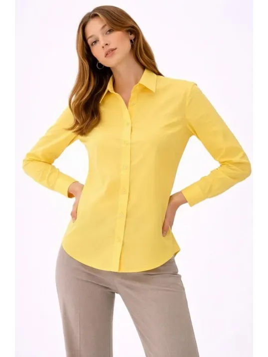 Kadın Uzun Kollu Gömlek Düğmeli Klasik Yaka Günlük Ve Ofis Şıklığına Uygun - Sarı