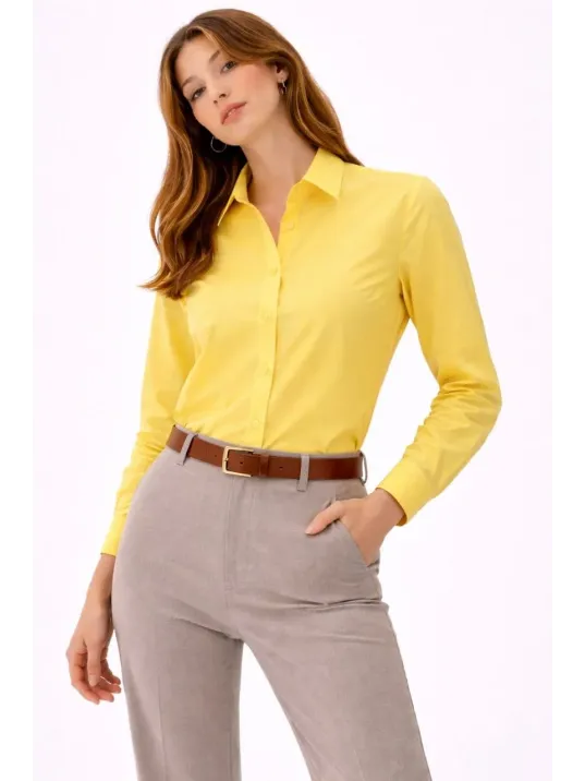 Kadın Uzun Kollu Gömlek Düğmeli Klasik Yaka Günlük Ve Ofis Şıklığına Uygun - Sarı
