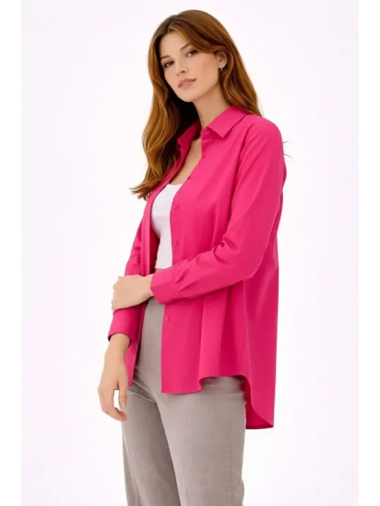 Kadın Uzun Kollu Gömlek Düğmeli Klasik Yaka Günlük Ve Ofis Şıklığına Uygun - Fuşya