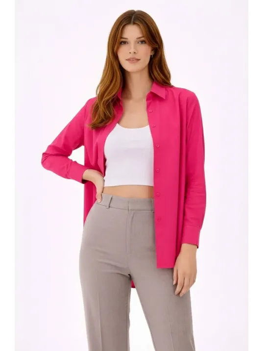 Kadın Uzun Kollu Gömlek Düğmeli Klasik Yaka Günlük Ve Ofis Şıklığına Uygun - Fuşya