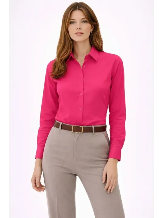 Kadın Uzun Kollu Gömlek Düğmeli Klasik Yaka Günlük Ve Ofis Şıklığına Uygun - Fuşya