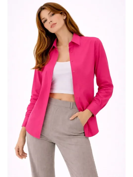 Kadın Uzun Kollu Gömlek Düğmeli Klasik Yaka Günlük Ve Ofis Şıklığına Uygun - Fuşya