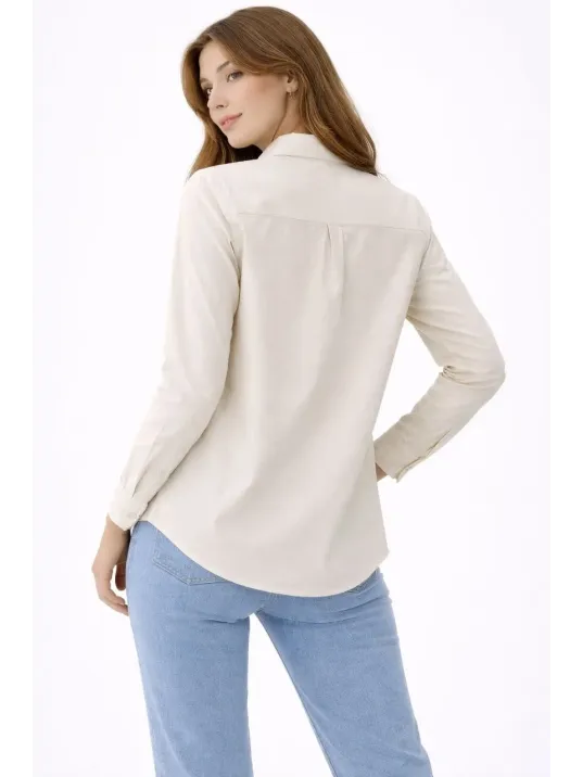 Kadın Uzun Kollu Gömlek Düğmeli Klasik Yaka Günlük Ve Ofis Şıklığına Uygun - Krem