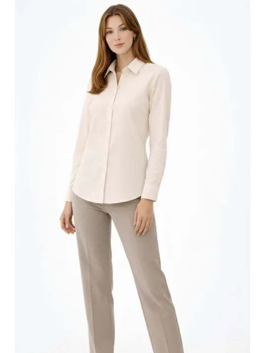 Kadın Uzun Kollu Gömlek Düğmeli Klasik Yaka Günlük Ve Ofis Şıklığına Uygun - Krem