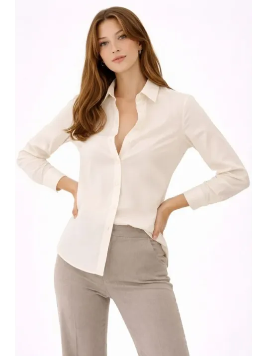 Kadın Uzun Kollu Gömlek Düğmeli Klasik Yaka Günlük Ve Ofis Şıklığına Uygun - Krem