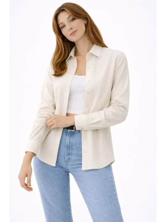 Kadın Uzun Kollu Gömlek Düğmeli Klasik Yaka Günlük Ve Ofis Şıklığına Uygun - Krem